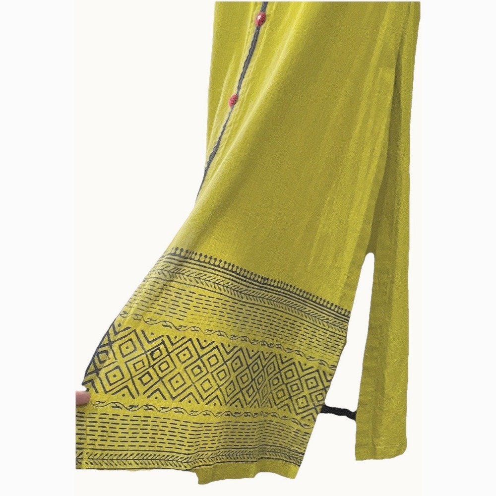 Lime Green Cotton Kurti Tunic Women Medium Geometric Block Print Boho Long Top - Picture 4 of 5